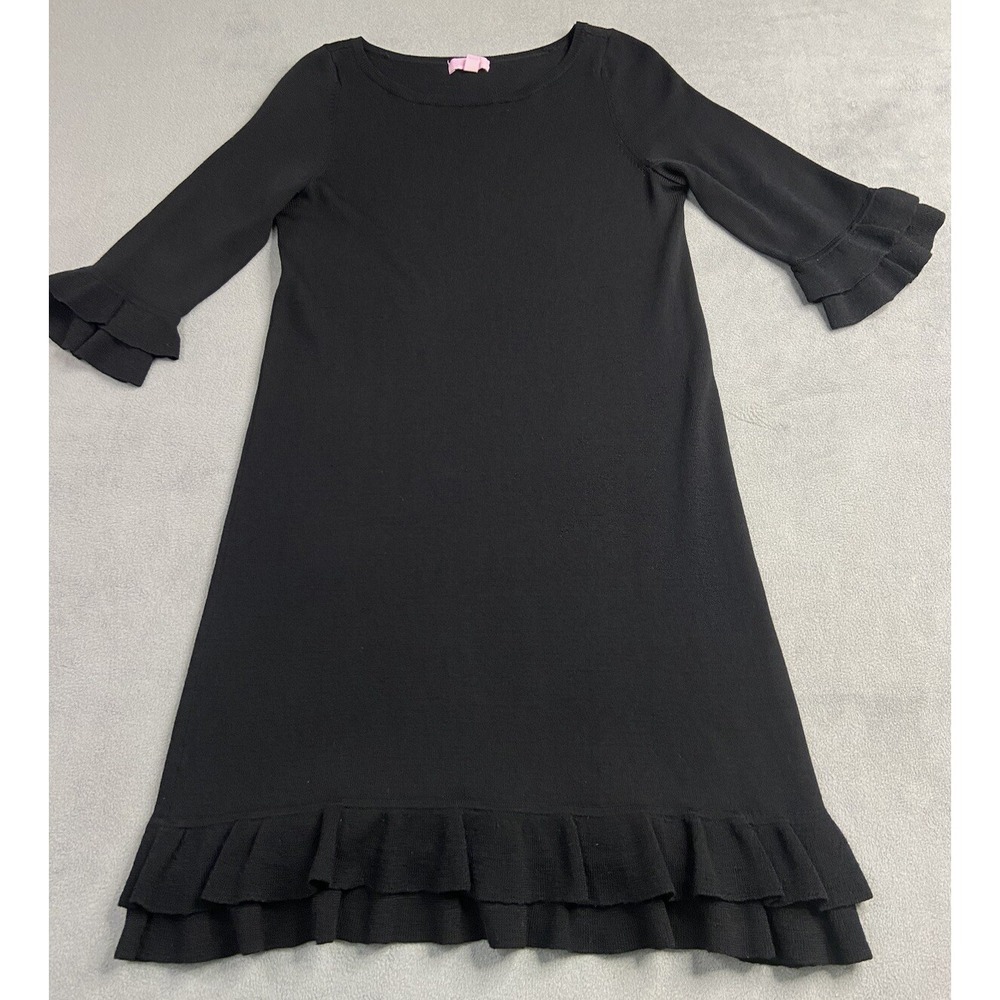 Lilly Pulitzer Dress Womens Medium Black Merino Wool Helena Knit‎ Ruffle Stretch